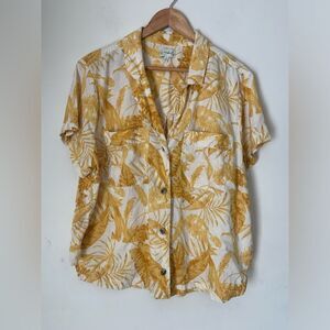 Wonderly Mustard Resort Linen Blend Tropical Leaf Print Button-Up Shirt 2X
